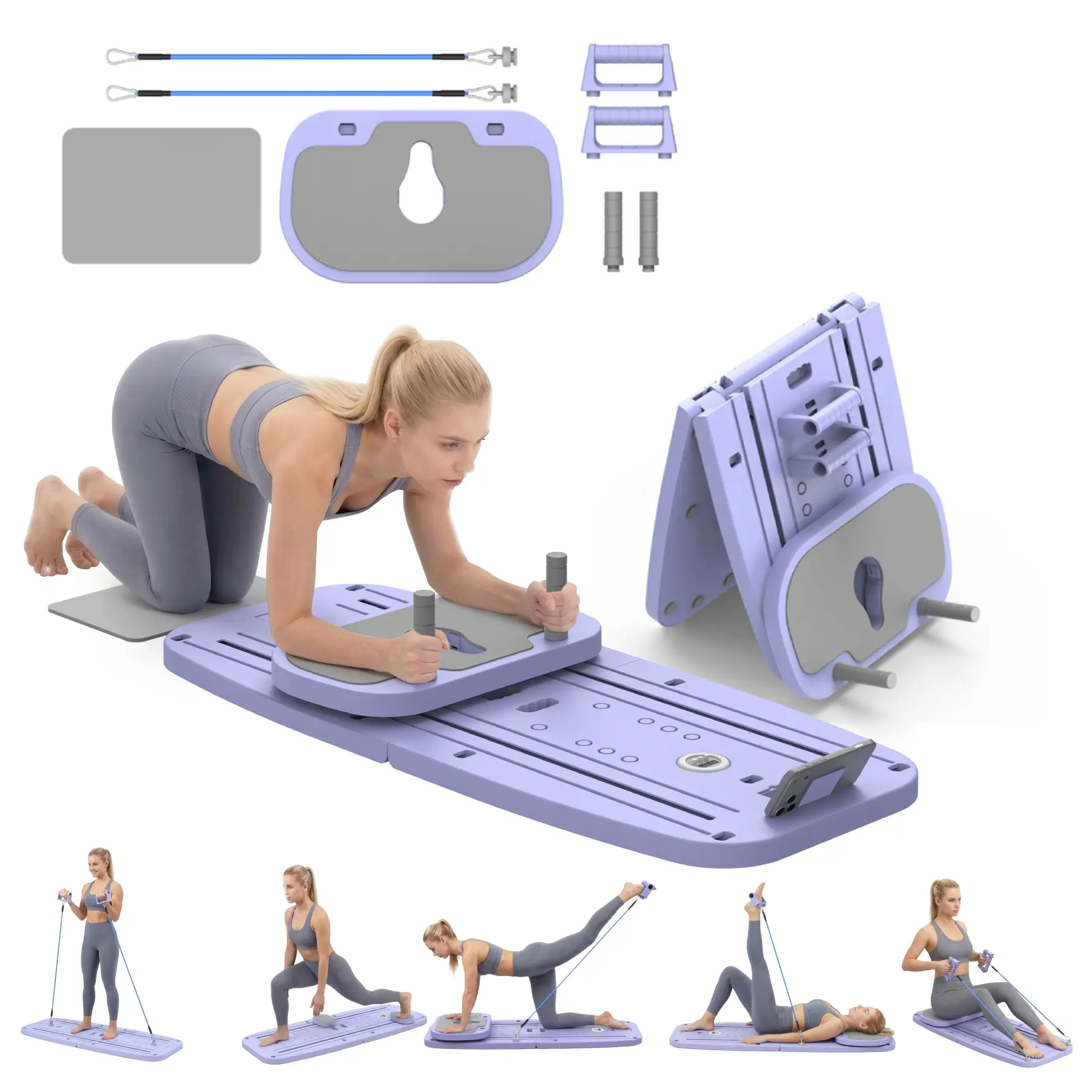 SLIMROSE Foldable Pilates Board Set, Home Gym Equipment, Multifunctional Abdominal Muscle, 3-Level Spring Resistance, Adjustable Springs, Anti-Slip Design, Detachable Handles