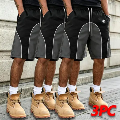 Men’s color-block track shorts with piping detail, elastic waistband with drawstring, casual streetwear shorts with pockets