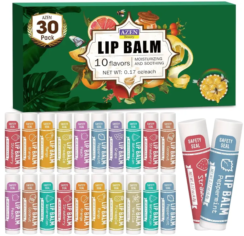 AZEN 30 Pack Lip Balm, Natural Lip Balm Bulk, Lip Care Product, Moisturizing Lip Balms for dry cracked lips - 10 Flavors