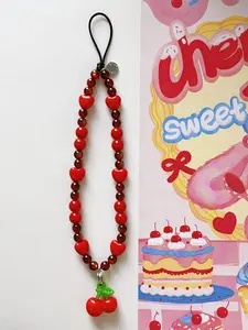 Phone Charm Beaded Wristlet Strap Universal Cell Phone Lanyard Cute Bracelet Wrist Strap Beaded Chain String Handmade Accessories for Case Camera Bags (Sweet Cherries)