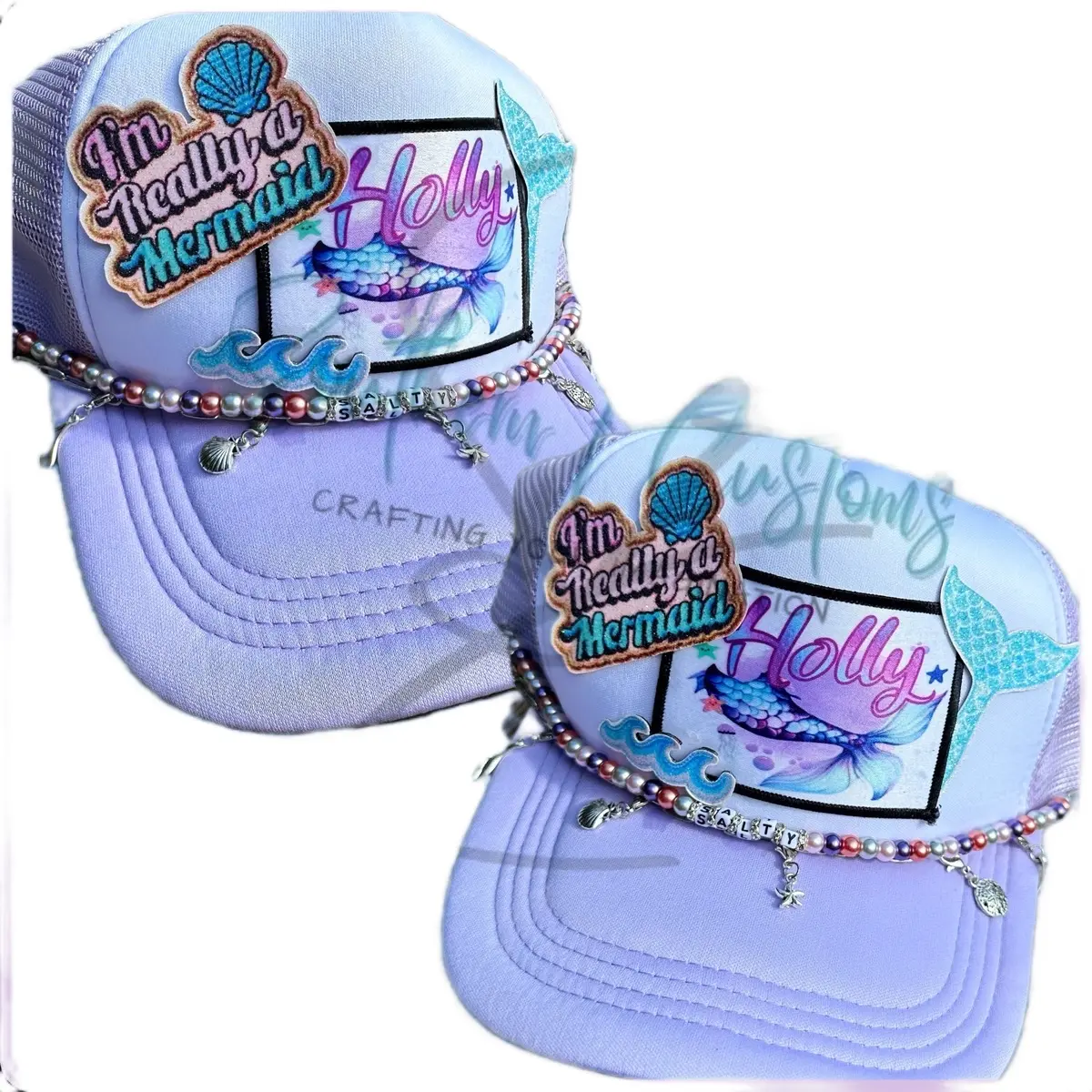Mermaid Trucker Hat with Sublimation Hat Patches and Beach Themed Charms