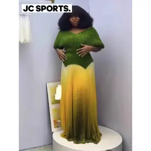 summer spring clothes Gradient Women's Set Short Sleeve V-neck Tops and Pleated Long Skirts Suit Street Two 2 Piece Dress Set African Outfits