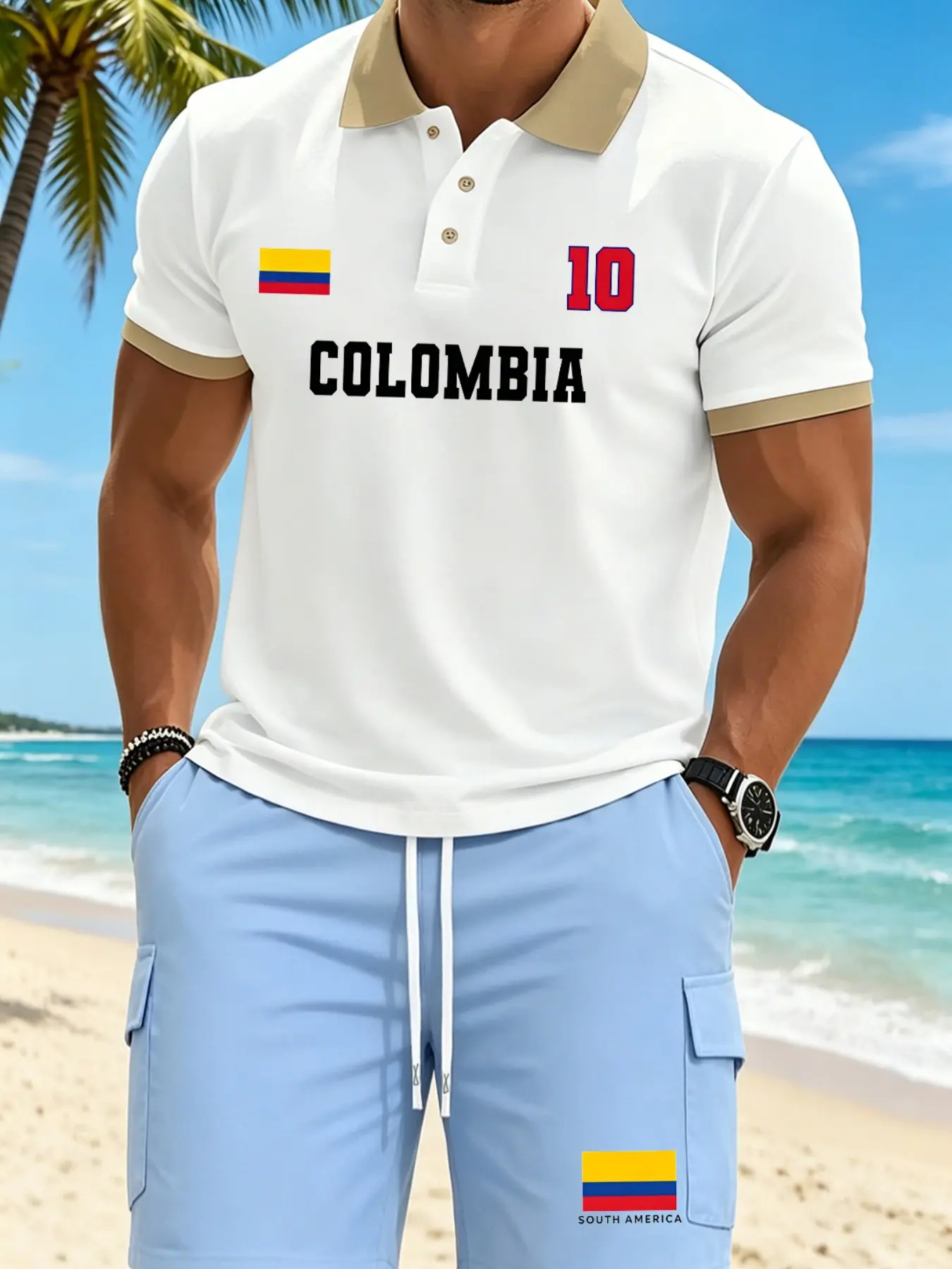 Men's Fashion Columbia Fan Print Polo Shirt + Shorts Set, Summer Essential Casual Comfortable, Slim-Fitting Short Sleeve Top