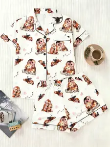 Cute Monkey Print Women's Pajama Set, Soft Comfortable Fabric, Loose Fit Button Front, Short Sleeve Top and Shorts, All Seasons