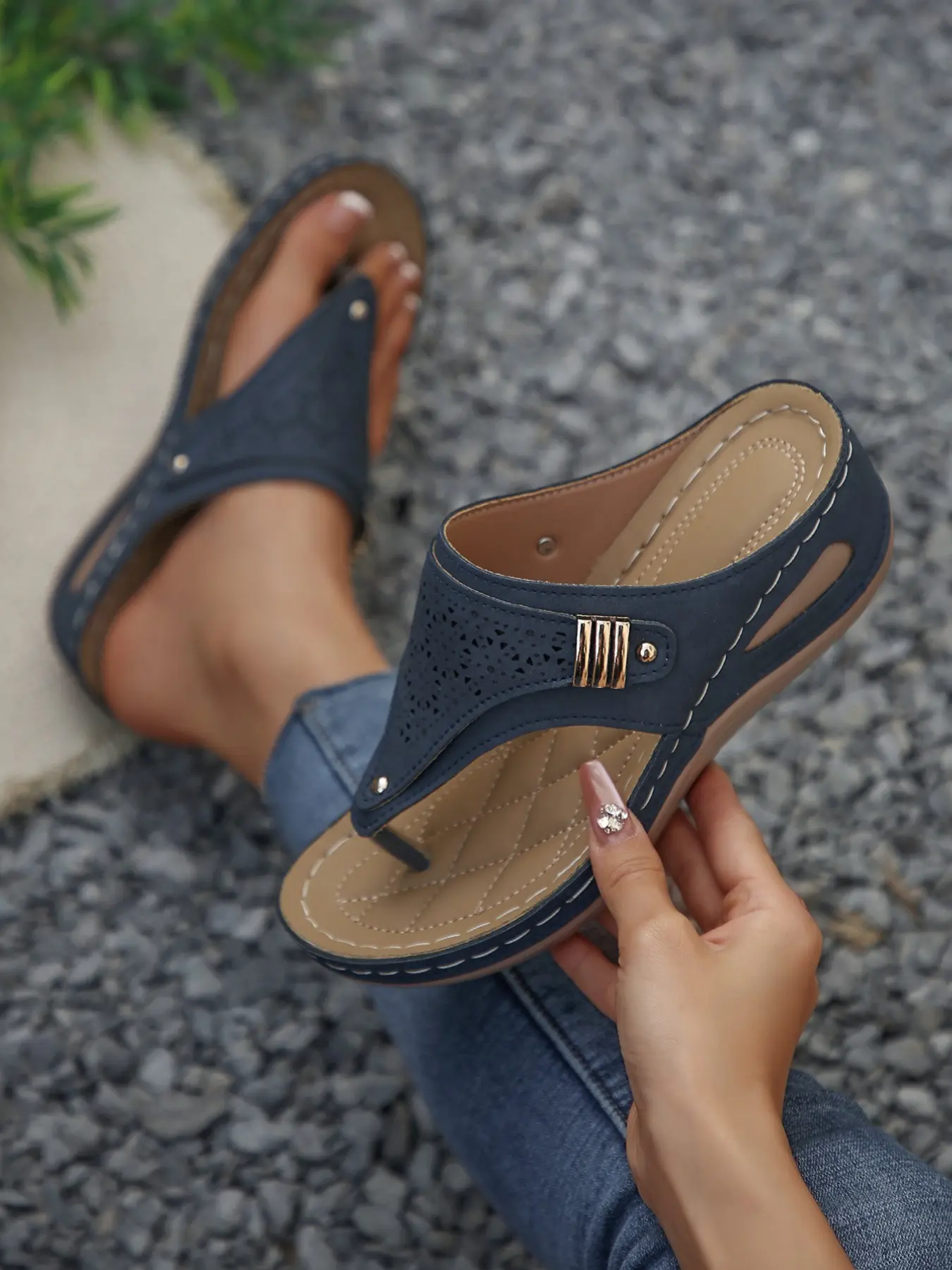Women's Fashion Wedge Sandals, Summer, Ergonomic Arch Support, Breathable Outdoor Slip-Ons, Stylish Forefoot Design, Comfortable and Trendy, Rubber, Fashionable Sling Sandals, Casual Trendy Sandals
