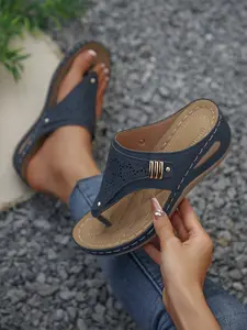 Women's Fashion Wedge Sandals, Ergonomic Arch Support, Breathable Outdoor Slip-Ons, Stylish Forefoot Design, Comfortable and Trendy, Rubber