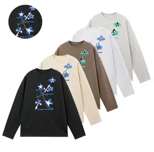 Men’s vintage star cross print long-sleeve T-shirt, 100% combed cotton, relaxed drop shoulder, skin-friendly and breathable, suitable for spring/autumn everyday casual wear, versatile, slimming fit, durable—resistant to fading even after multiple washes.