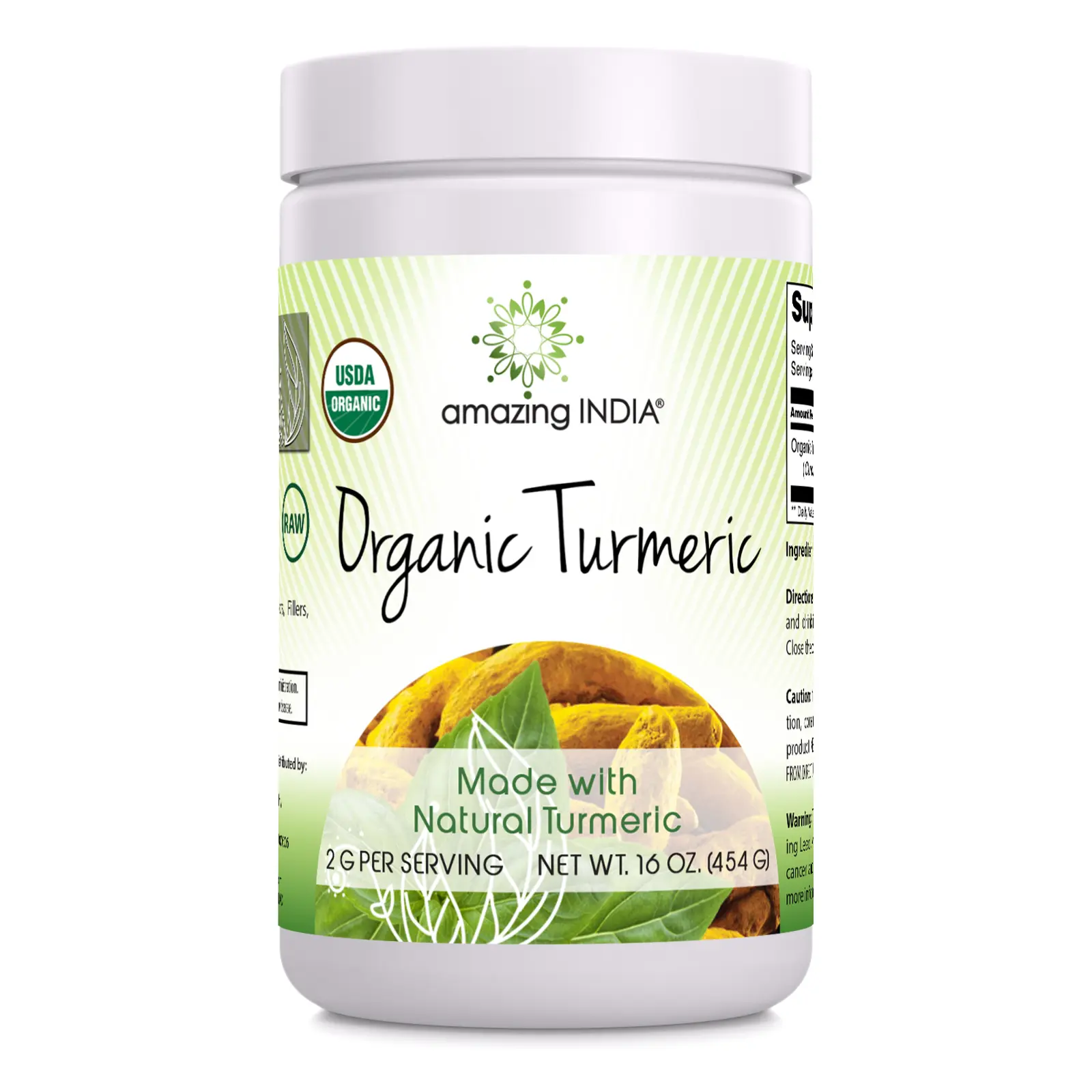 Amazing India USDA Organic Turmeric Powder Supplement | 2 Grams per Serving | 16 Oz ( 454 G) | Non-GMO | Gluten-Free | Made in USA