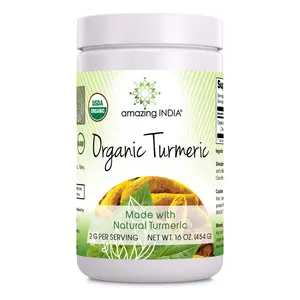 Amazing India USDA Organic Turmeric Powder Supplement | 2 Grams per Serving | 16 Oz ( 454 G) | Non-GMO | Gluten-Free | Made in USA