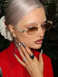 Women's Elegant Rhinestone Decorated Oval Frame Sunglasses, Trendy Casual Sunglasses for Everyday Use, Fashion Accessories for Outdoor Activities, Stylish Glasses