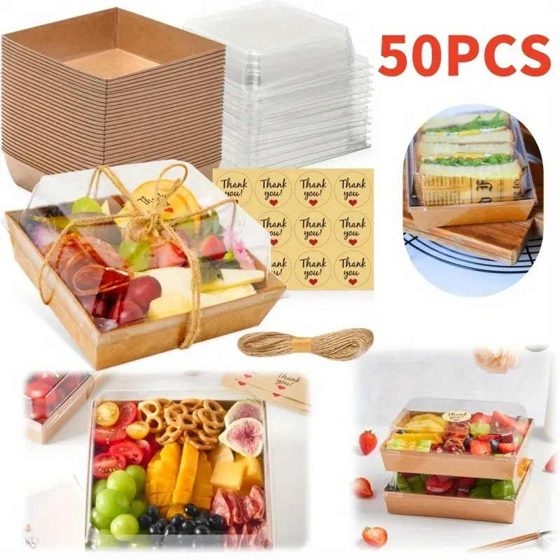 50 Pack Small Charcuterie Boxes with Clear Lids - To Go Paper Mini Charcuterie Box, Disposable Food Containers, 5Inch Dessert Boxes - Sandwich, Cookie, Sushi, Cake Slice, Strawberries (Brown)