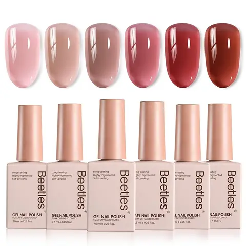 Beetles Autumn Jelly Gel Nail Polish Set, 6Colors Nude Pink Gel Polish Kit Neutral Shimmer Translucent Sheer Gel Soak off Uv Nail Concealer Peach Juice Collection French Nail Art Manicure Gift for Women Gloss Clear Cosmetic