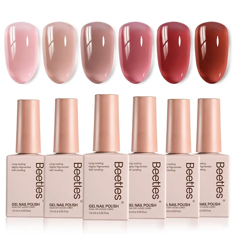 Beetles Autumn Jelly Gel Nail Polish Set, 6Colors Nude Pink Gel Polish Kit Neutral Shimmer Translucent Sheer Gel Soak off Uv Nail Concealer Peach Juice Collection French Nail Art Manicure Gift for Women Gloss Clear Cosmetic