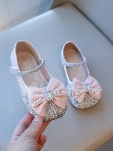 Girls' Rhinestone Bow Princess Shoes, Sweet Luxurious Style, Magic Tape Easy On-Off, Anti-Slip Soft Sole, Round Toe Flats, Silver Gradient