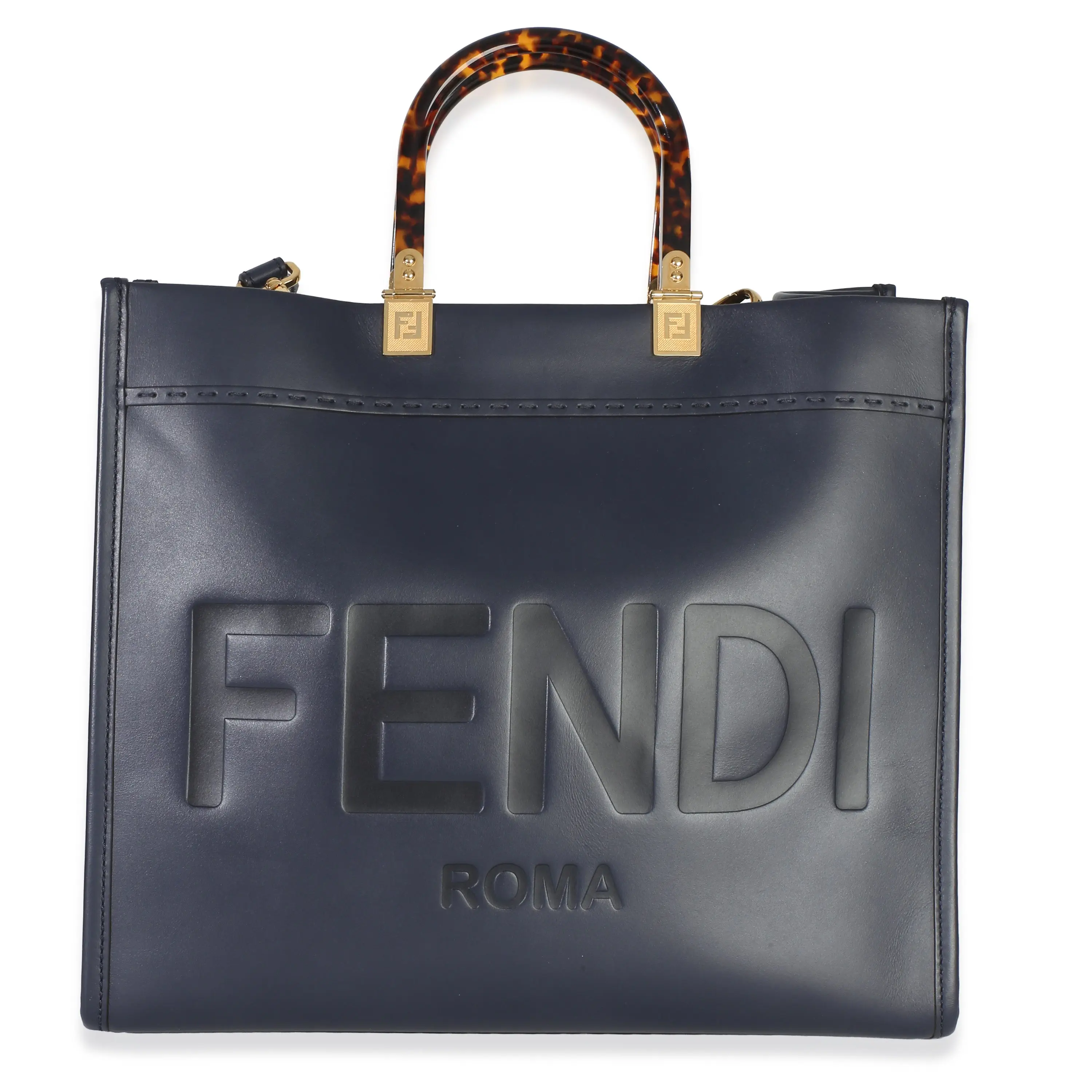 Pre-owned Leather Shoulder bags Navy Vitello King Plexiglass Embossed Medium Fendi Sunshine Shopper Tote