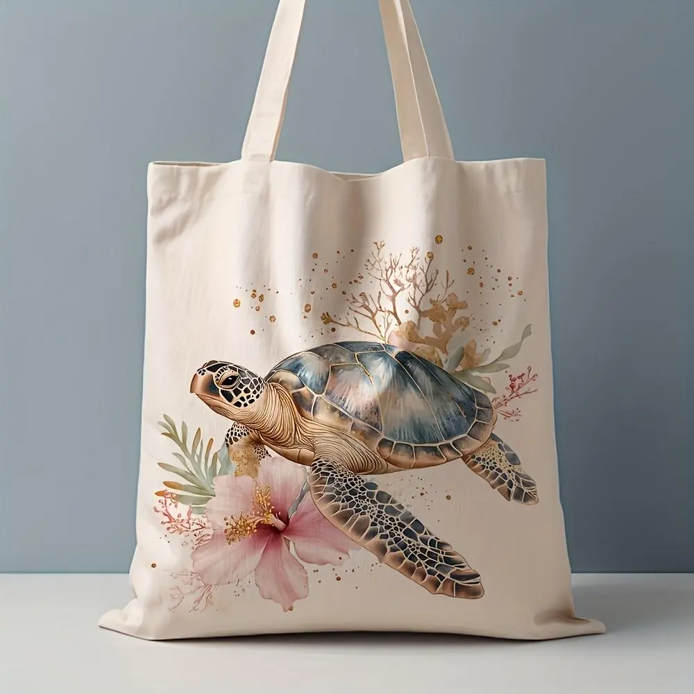 1pc, Watercolor Sea Turtle Tote Bag, Tropical Hibiscus & Coral Print with Golden Accents, Lightweight Everyday Shoulder Bag for Beach & Summer Style