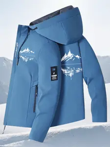 Men's High-Quality Windproof Hooded Jacket, Mountain Reflective Print, Full Zip Ski Coat, Winter Outdoor Activities
