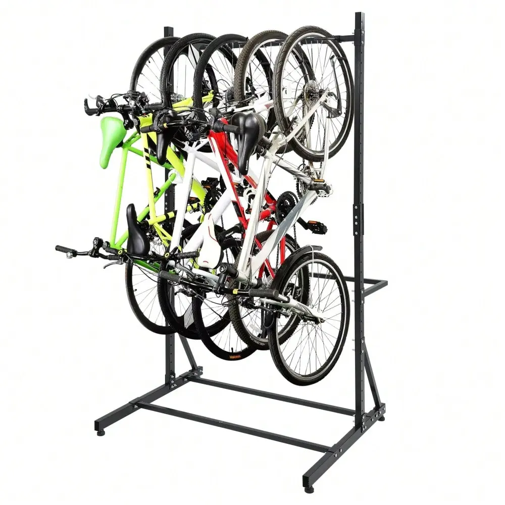 Garvee Freestanding Bike Storage Stand For Garage, 5 Bicycles Heavy Duty Vertical Bike Rack, Adjustable Height & Hooks, Wall Free, 300 LBS Capacity, Indoor Anti-Slip Bicycle Rack For Apartment