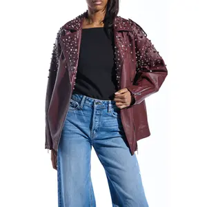 FINAL SALE!! Catrine Studded Faux Leather Jacket in Burgundy