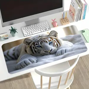 White Tiger Pattern Extended Gaming Mouse Pad | Large Non-slip Desk Mat, Suitable for Office and Home Decoration, Durable Computer Mat, Edge Stitched, Rubber Keyboard Mat.