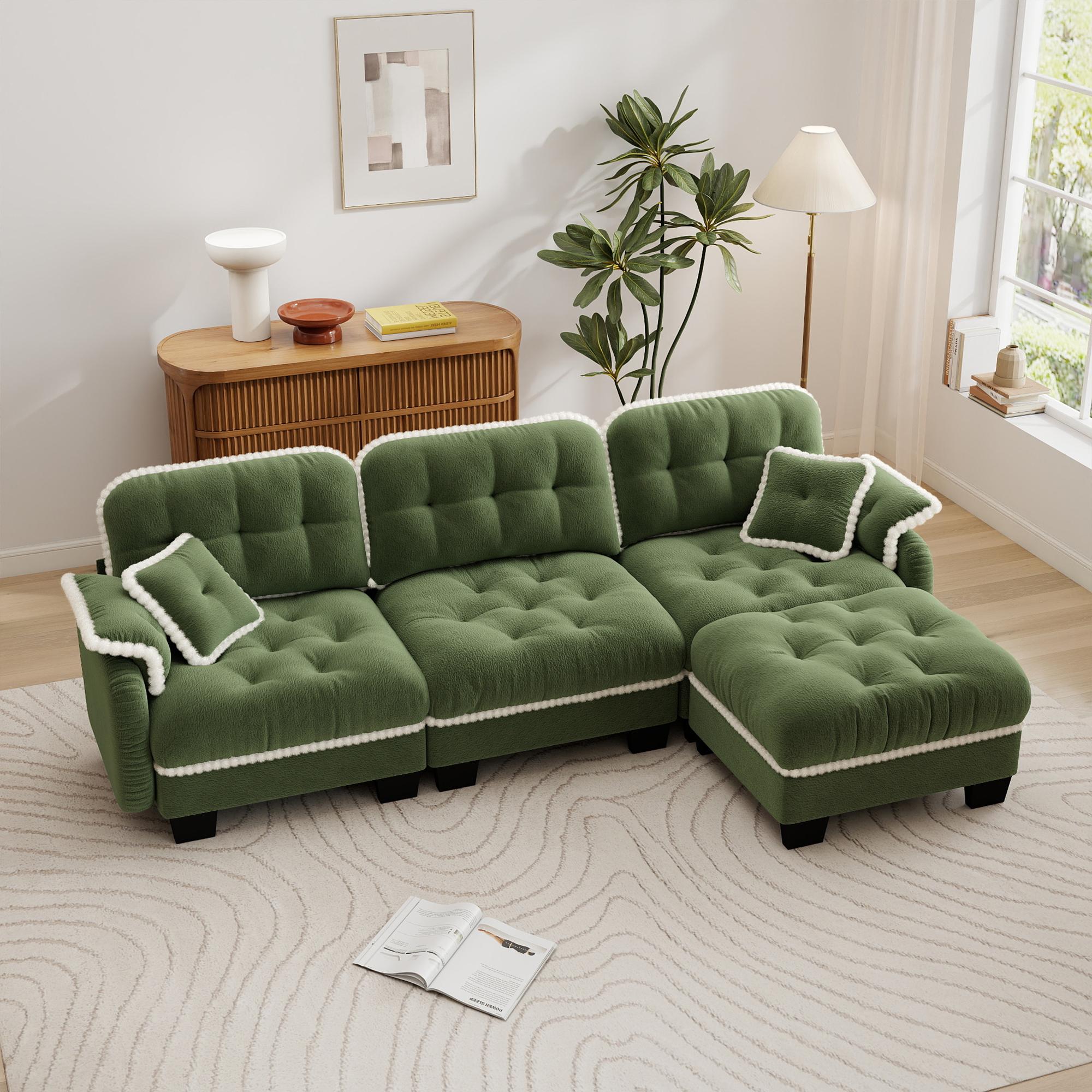 Eyisean 100.7in Chenille Modern Modular Sectional Sofa Furniture - 3-Seater U-Shaped Comfy Couch with Fixed Arms, Armrest Pillow, Back Cushion, 2 Movable Ottomans, Pom-Pom Trim Quilted Tufted Deep Seat, Ergonomic for Living Room Decor, Small Spaces, Ottom