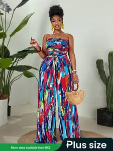 Plus Size Colorful Print Tie Waist Bodycon Dress, Sexy Spring, Elegant Long Sleeve Midi Dress, Women's Fashion Clothing