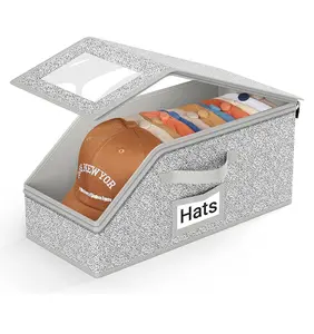 Stackable Baseball Cap Storage Box - Durable Grey Synthetic Cardboard Home Organizer, Foldable Storage Container for Wardrobe Closet, Holds Up to 24 Caps, Easy-Access Snapback Holder
