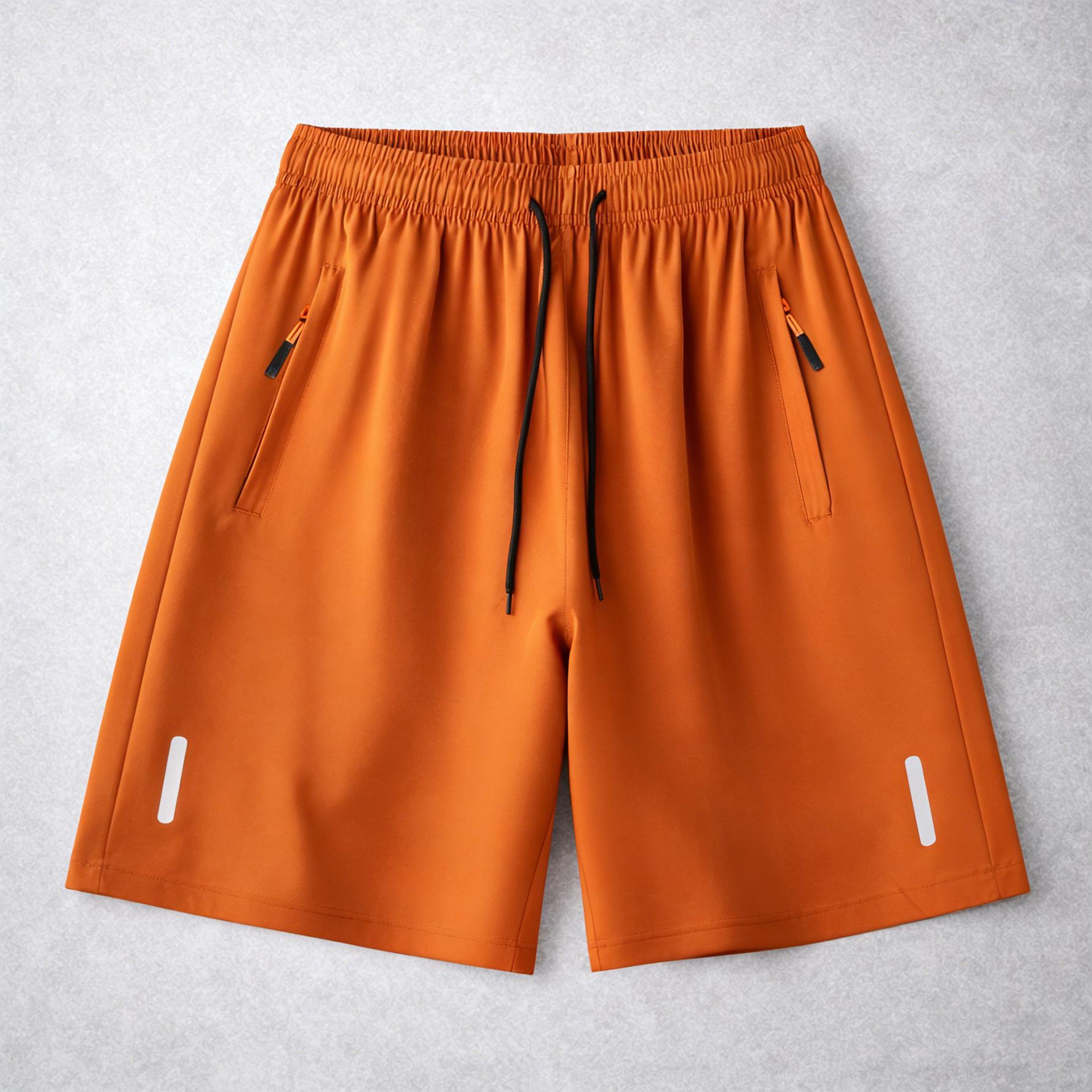 Men’s casual breathable shorts; men’s quick-dry shorts with reflective stripe print; ice silk shorts with zippered pockets; quick-drying, lightweight sports/fitness shorts—ideal for summer leisure and active wear, suitable for significant athletic activit