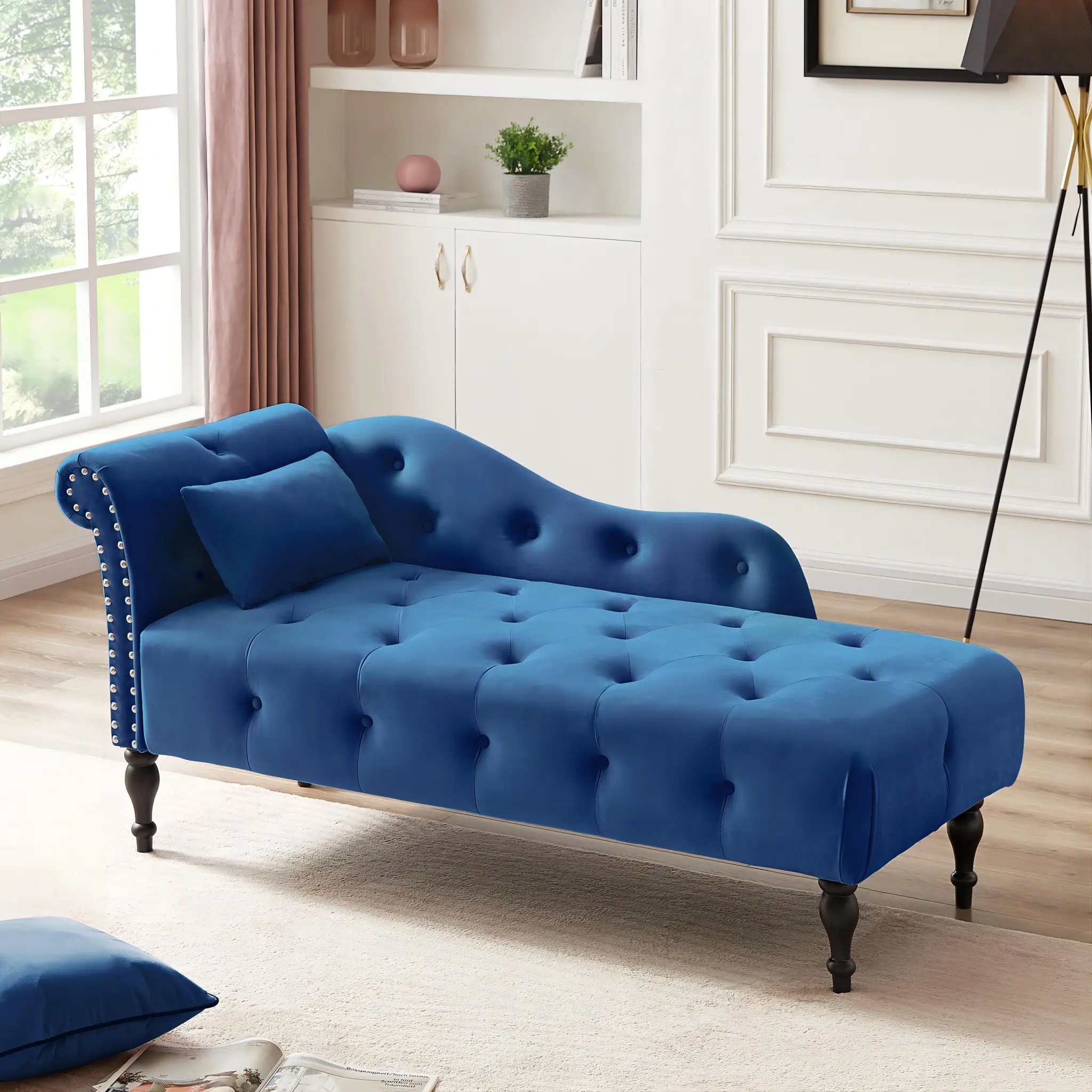 60.6"D Velvet Rolled Arm Chaise Lounges Indoor Chair with one Pillow, Button Tufting, Nailhead Trim, Solid Wood Legs, and Reclining Feature – Elegant Armchair for Living Room, Bedroom