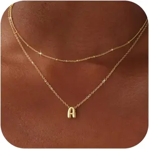 Initial Necklaces for Women 14K Gold Plated Bubble Letter Necklace Layered Dainty Cute Choker Pendant Stack Jewelry Fashion Accessories Teen Gift Trendy Stuff