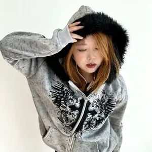 ALIELNOSIRRAH 'Divine Night' Gothic Cross Zip Up Hoodie Faux Fur Hood Vintage Y2K Angel Wing Dark Streetwear Jacket