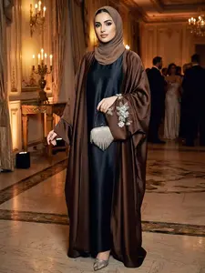 Embroidered Beaded Flower Butterfly Batwing Sleeve Cardigan, One-piece Elegant Design Muslim Party Robe, Daily Wear Long Robe
