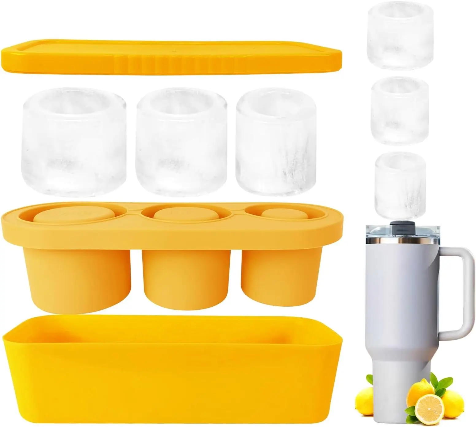 Silicone Ice Cube Mold for 20/30/40 oz Tumblers, 3-Cavity Large Cylinder Ice Tray with Lid, Reusable Slow Melting Ice Mold for Water, Coffee, Juice & Drinks