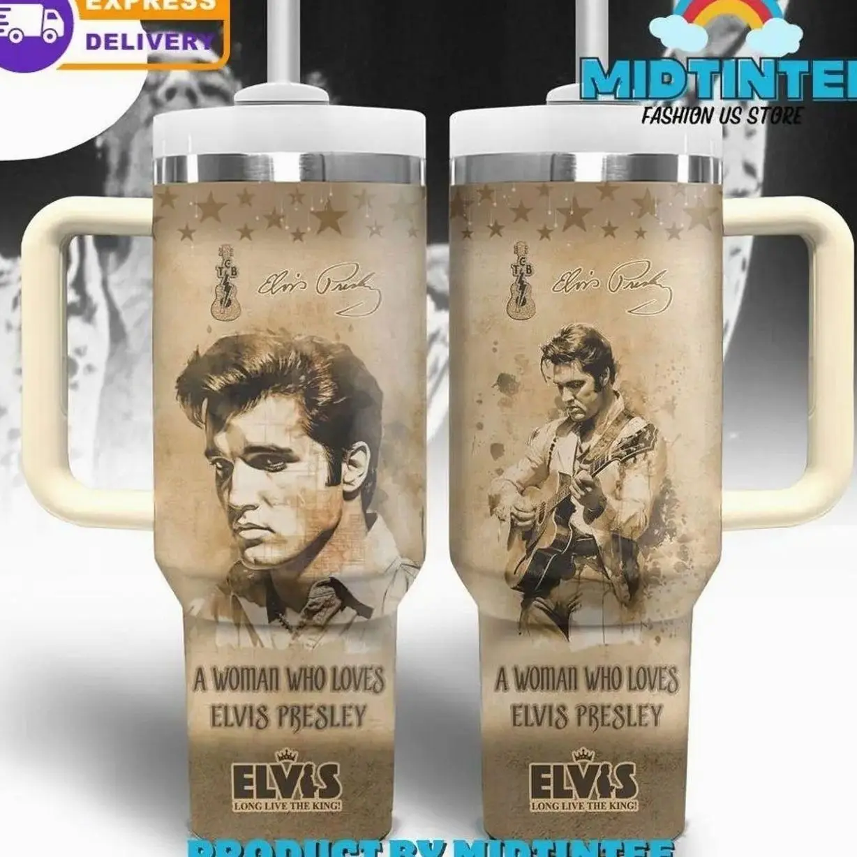 Elvis Presley 40oz Tumbler with Handle & Straw, King of Rock Travel Mug, Elvis Fan Gift, Vintage Music Cup, Rock and Roll Tumbler, Elvis Lover Gift, Music Drinkware