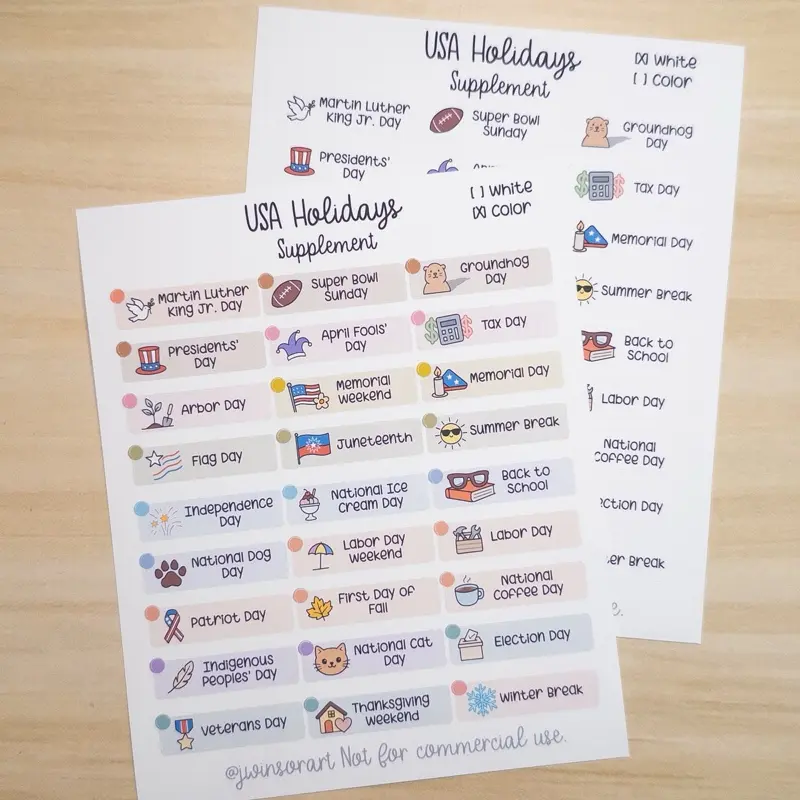 USA Holidays Supplement – Planner Sticker Sheet for Hobonichi, Bullet Journal, or Scrapbooking (White or Color Background)