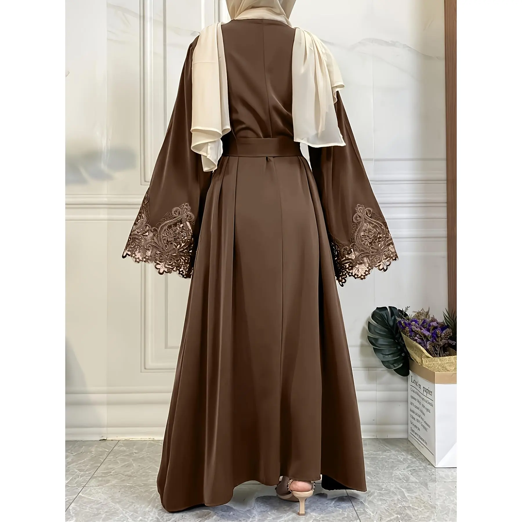 [Brown Abaya] Middle Eastern Style Brown Women's Turkish Abaya Robe |   Machine Washable Solid Lace Trim & Tie-Front Closure, All-Season Modest Dress for Casual & Formal Wear, Formal Cover Clothing, No Stretch Fabric