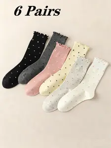 6 Pairs Polka Dot Ruffle Knee High Socks, Cute Girl Style Trendy Socks, Multi-Color Sweet Frill Socks, All Seasons Fitted Comfortable Breathable, Soft Comfy Socks