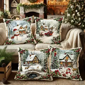 4-Piece Christmas Cushion Covers Set, Replacement Cushion Cover, 45x45cm Festive Tree Snowman Deer Santa Design, Soft Plush Material, Hidden Zipper Closure
