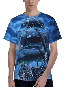 3D Digital Printed Men's Fantasy Pirate Ship T-Shirt, Stormy Night Sky with Glowing Sails and Jolly Roger Flag, Round Neck Short Sleeve Polyester Tee, Mystical Nautical Adventure Top for Outdoor Casual Wear