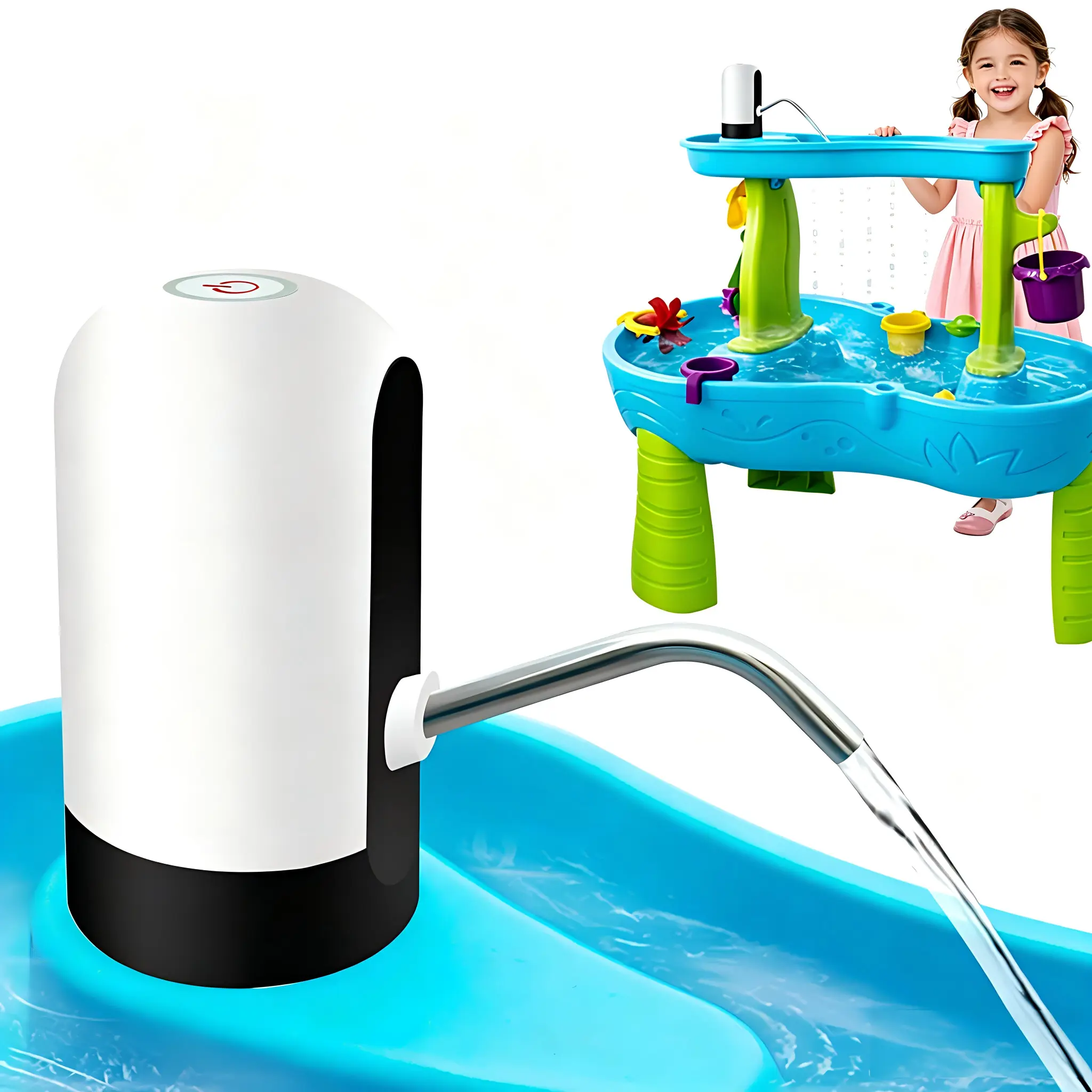 Powerful Water Table Pump, Battery Powered Water Pump for Water Table 3 Hours Non-Stop Fun Portable Summer Outdoor Sand/Water Table Toys Water Play Table Accessories for Toddlers Kids（Table not included））