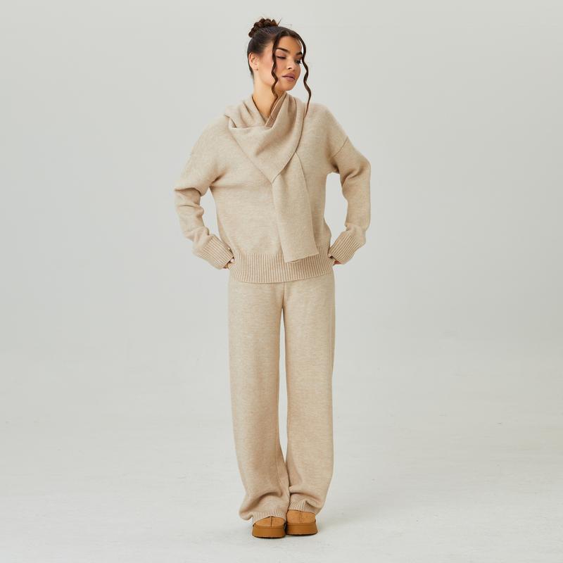 KatchMe Women's Slouchy Solid Color V-Neck Long Sleeve Sweater with Scarf & Wide Leg Trousers Co-ord, Cozy Fall & Winter Outfits, Ladies' Knit Clothing