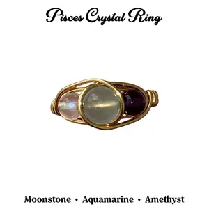 Pisces Zodiac Crystal Ring, Moonstone Aquamarine Amethyst Ring, Pisces Birthstone Ring, February March Zodiac Jewelry