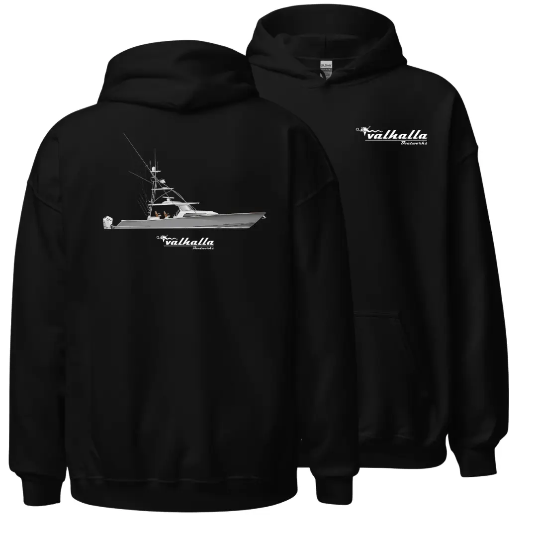Valhalla Boatworks V-55 Hoodie, Offshore Fishing Boat Graphic Pullover, Soft Cotton Apparel, Deep Sea Angler Hoodie for Men & Women, Boat Gift