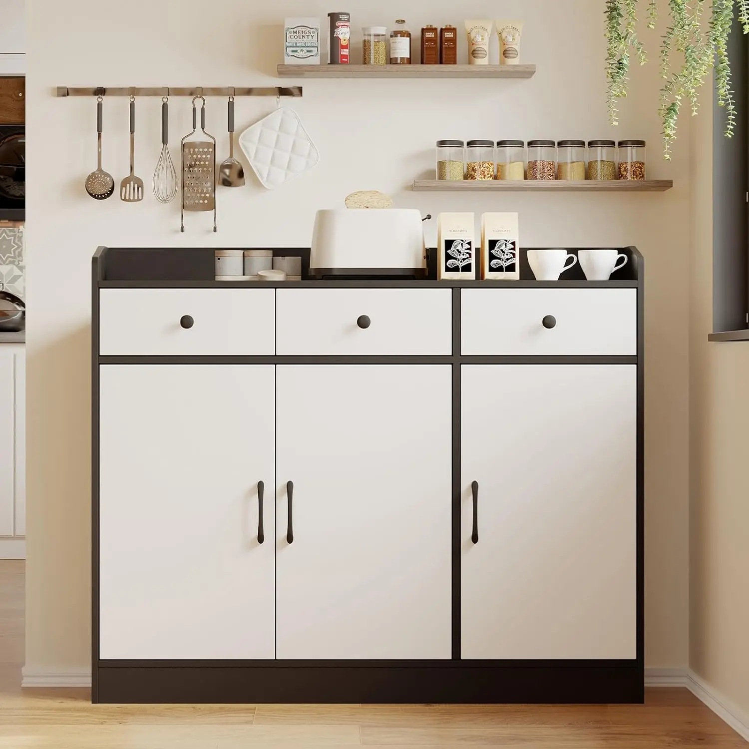 42.5-Inch Black and White Engineered Wood Multi-Functional Tall Cupboard Sideboard Buffet Storage Cabinet - Adjustable Shelves, Anti-Tip Device, Easy Assembly - for Living Room, Dining Room Indoor Use, Multi-Functional Tall Cupboards