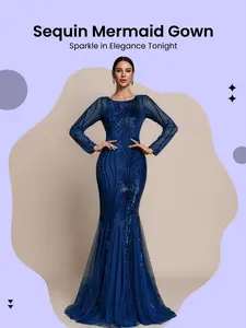 Women's Solid Contrast Sequins Formal Evening Dress, Elegant Long Sleeve Round Neck Evening Party Gown, Ladies Clothes for Special Occasions