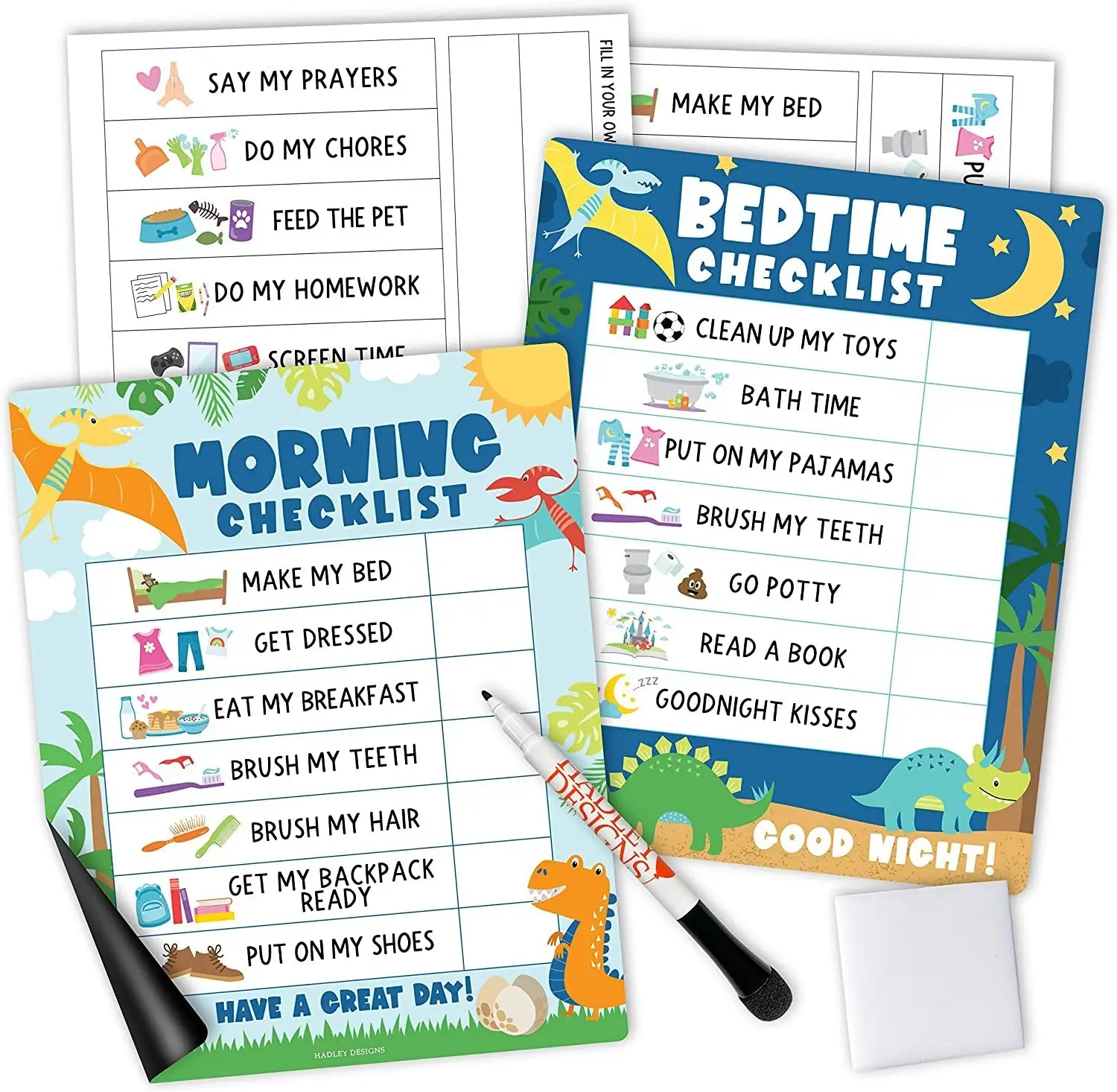 Hadley Designs Kids Day & Night Routine Charts 8x10 inch Magnetic Morning & Bedtime Checklists with Stickers Dry Erase Marker & Melamine Eraser for Pr