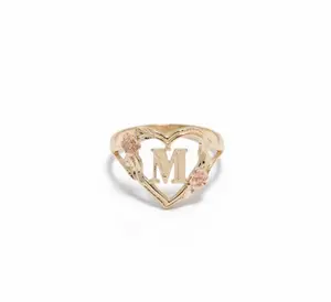10k Solid Gold Heart with Rose Initial Ring, Personalized Alphabet Letter Ring, Love Valentine Gift Jewelry for Women & Girls