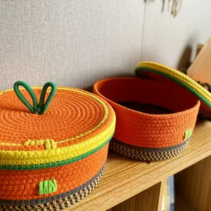 Cotton Rope Storage Basket with Lid, Woven Organizer Box for Snacks, Living Room Coffee Table Toy Holder, TV Cabinet Bin