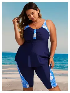 Plus Size Tankini Swimsuit Women - Navy Blue Floral Swim Top with Capri Leggings - 1XL Modest Bathing Suit Two Piece