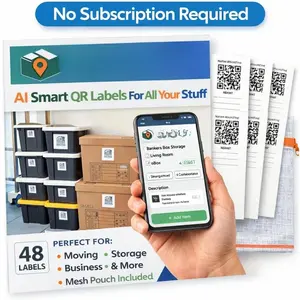 AI PackNFind  QR Code Stickers for Moving & Storage - 48 Large White Stickers, 3x5 Inch - Free App + 1000 AI Scans - Writable Durable Box Labels for Storage Bins,  & Office Organization